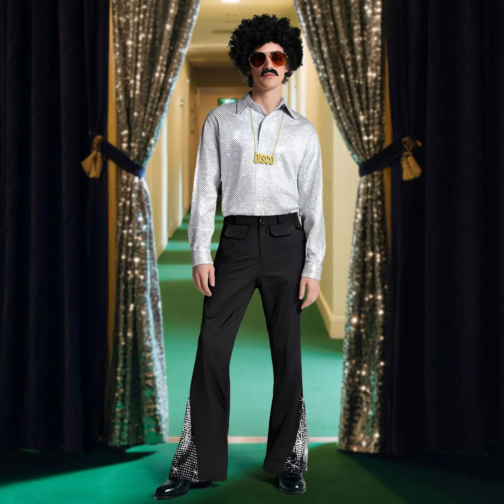 Disco Costume Men 70s Fancy Dress Costume Set with Sequin Shirt Necklace Glasses Beard Outfit Halloween Costumes For Adults Qme