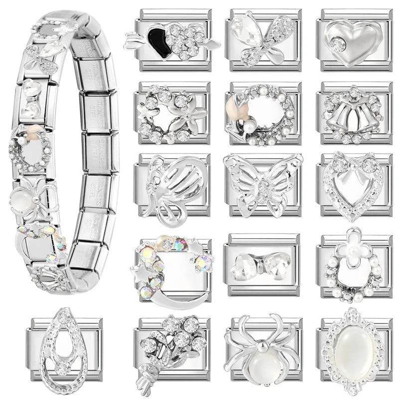 New Shiny Zircon Heart Bow Butterfly Bouquet Star Italian Charm Links Fit 9MM Stainless Steel Bracelet Girls' DIY Making Gift Qme