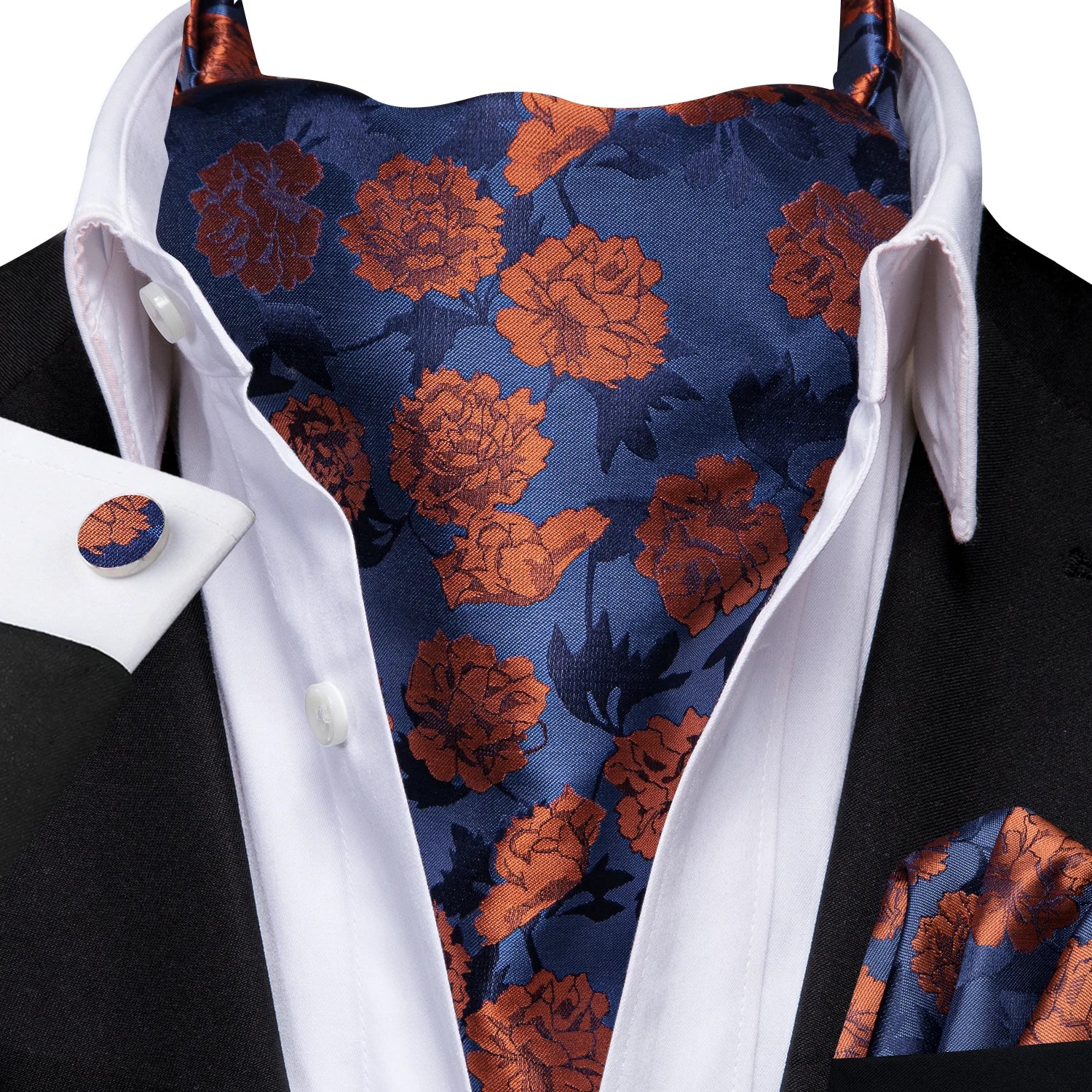 Mens Blue Floral Stripes Cravat Ascot Pocket Square Cufflinks Wedding Qme LDAS1165