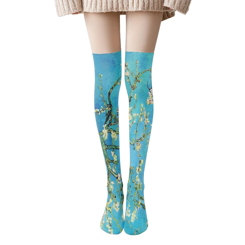 Van Gogh Retro Oil Painting Thigh Stockings Starry Sky Sunflower Qme style5 One Size