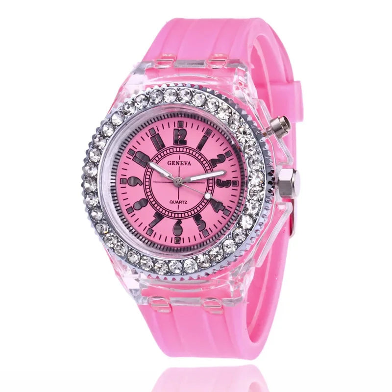 Luminous Round Digital Watches Solid Color Inlaid Rhinestone Sports Watch Couple Waterproof Wrist Watch Qme Pink