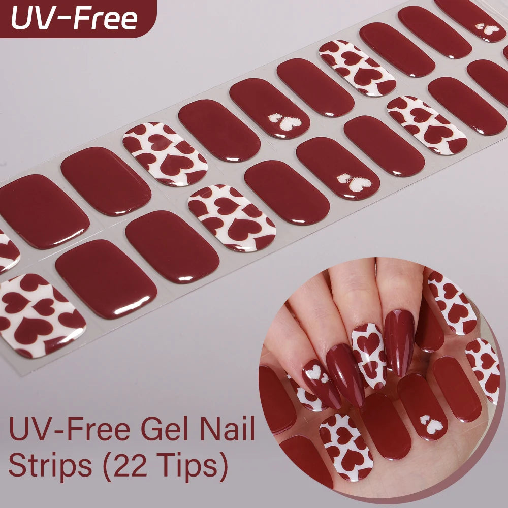22Tips French Red Heart Kiss UV-Free Gel Nail Stickers Glitter Flower Qme BSA-0378