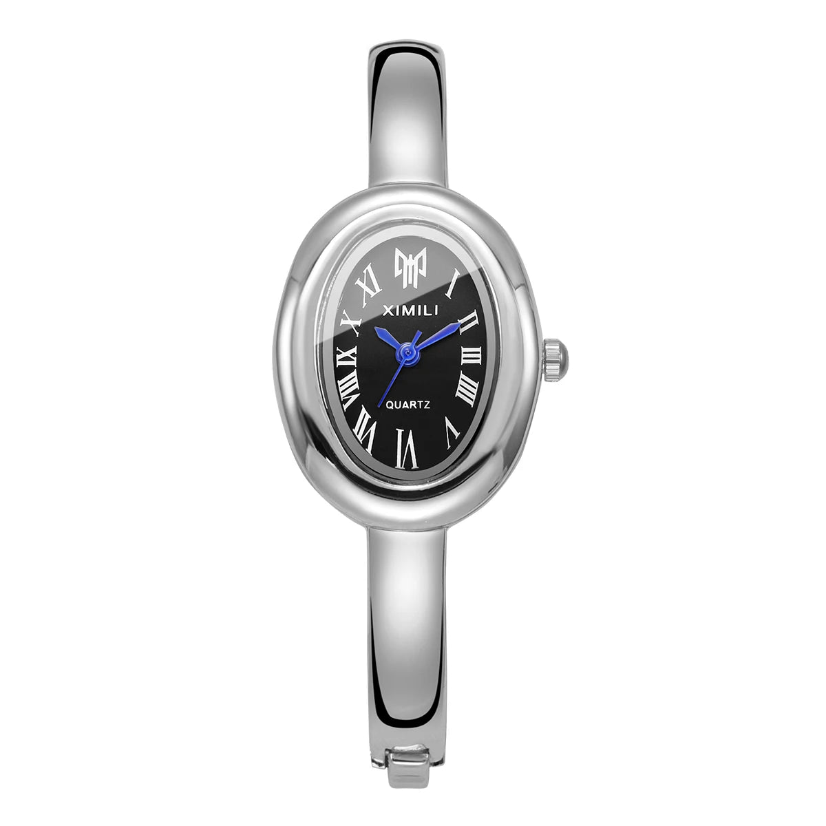 XIMILI Vintage Oval Bangle Watch for Women, Roman Numeral White Dial Gold Open Cuff Bracelet Quartz Wrist Watch Qme Silver Black
