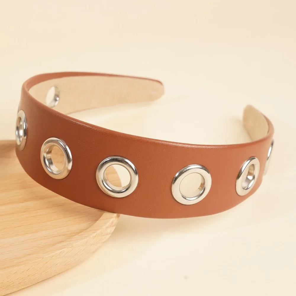 Solid Hollow Metal Headband Ring Y2k Hollowed Out Eyelets Stretchy Qme Brown
