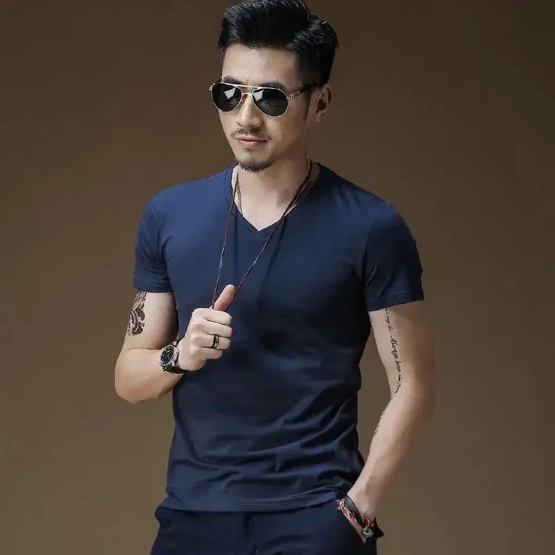 Plain Cotton Gym T-shirt Men Summer Fitness Clothing V-Neck Short Sleeve T Shirt Summer Comfortable Breathable Versatile Top Qme ZQ L
