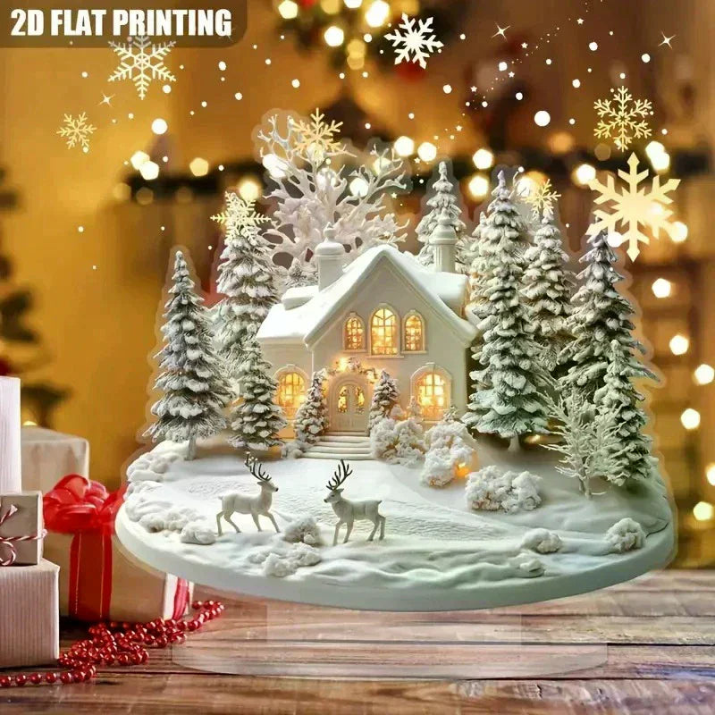 2D Elegant Acrylic Christmas Decoration Snowhouse & Reindeer Scene Home Office Ornaments Festive Warm Party Gift Photo Props Qme