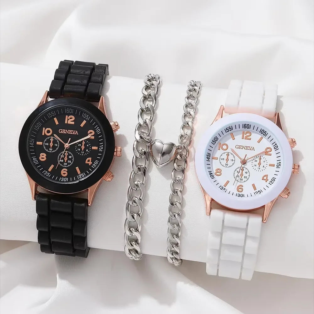 2pcs minimalist silicone tape, niche temperament, three eye casual women's watch, quartz watch Qme Pink