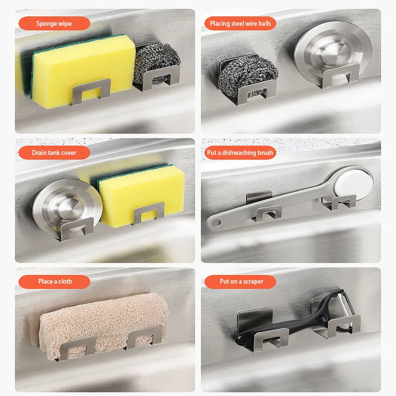 Stainless Steel Sink Tray Drainer Rack Kitchen Sink Sponge Holders Self Adhesive Hook Storage Holder Kitchen Wire Rag Organizer Qme
