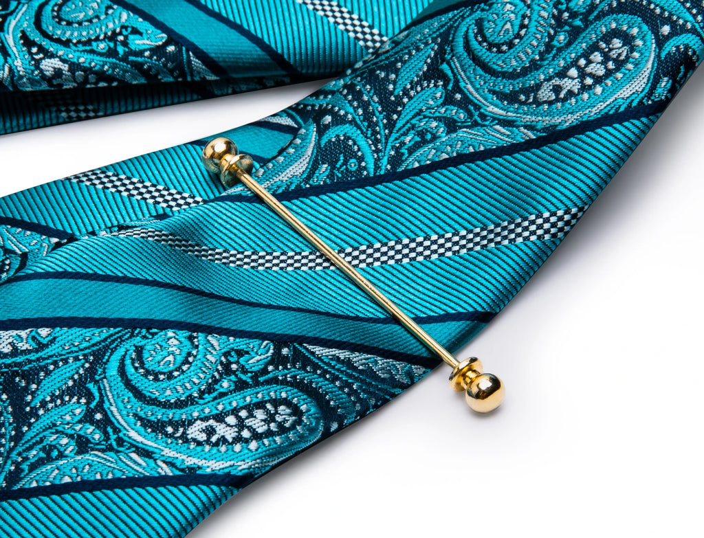 Hi-tie Luxury Teal Blue Wedding Necktie Men's Tie Glod Collar Pin Qme