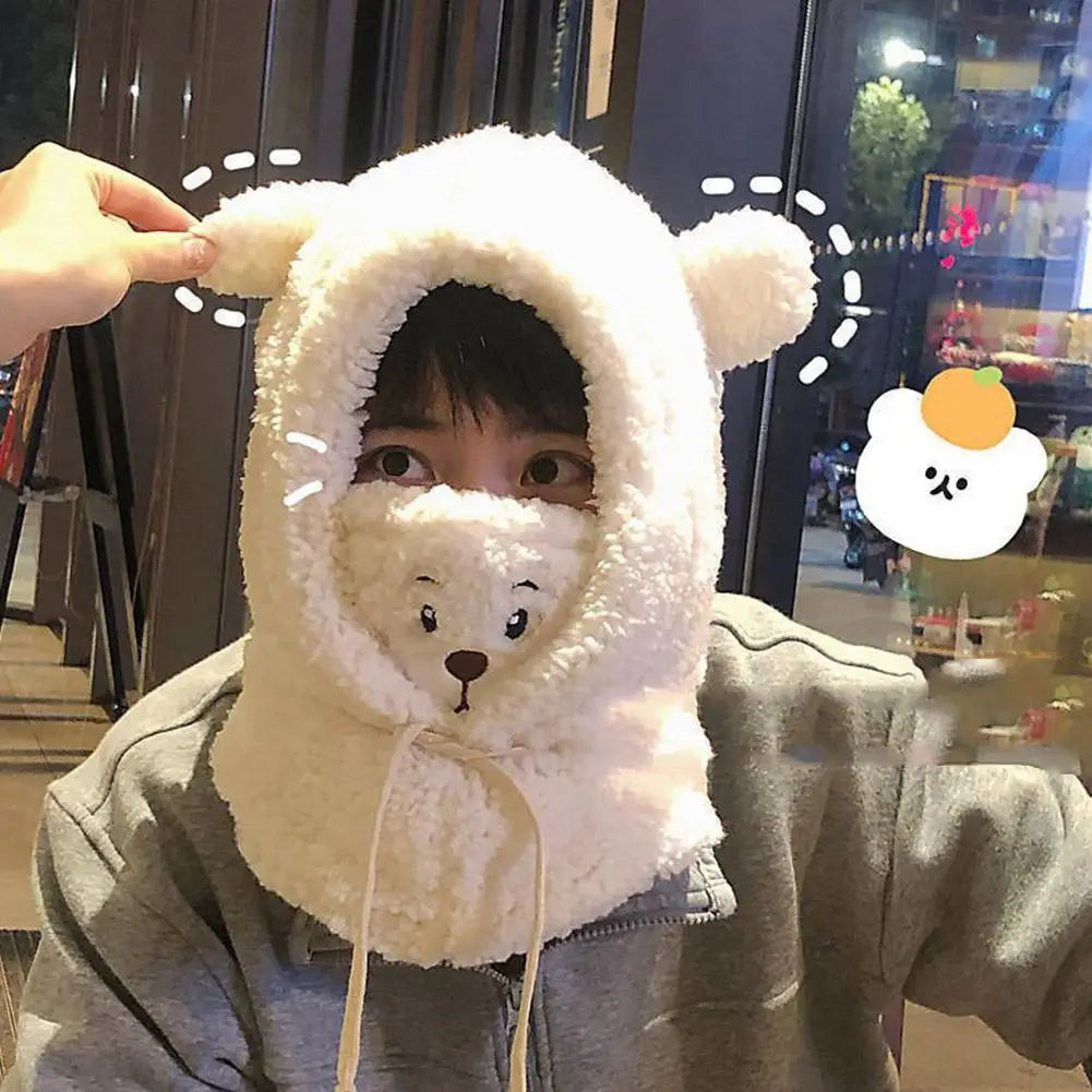 Winter Bear Plush Hat Scarf Mask One-Piece Warm Women's Cozy All-Match Cold Resistance Student Overhead Cap Fashion Accessory Qme