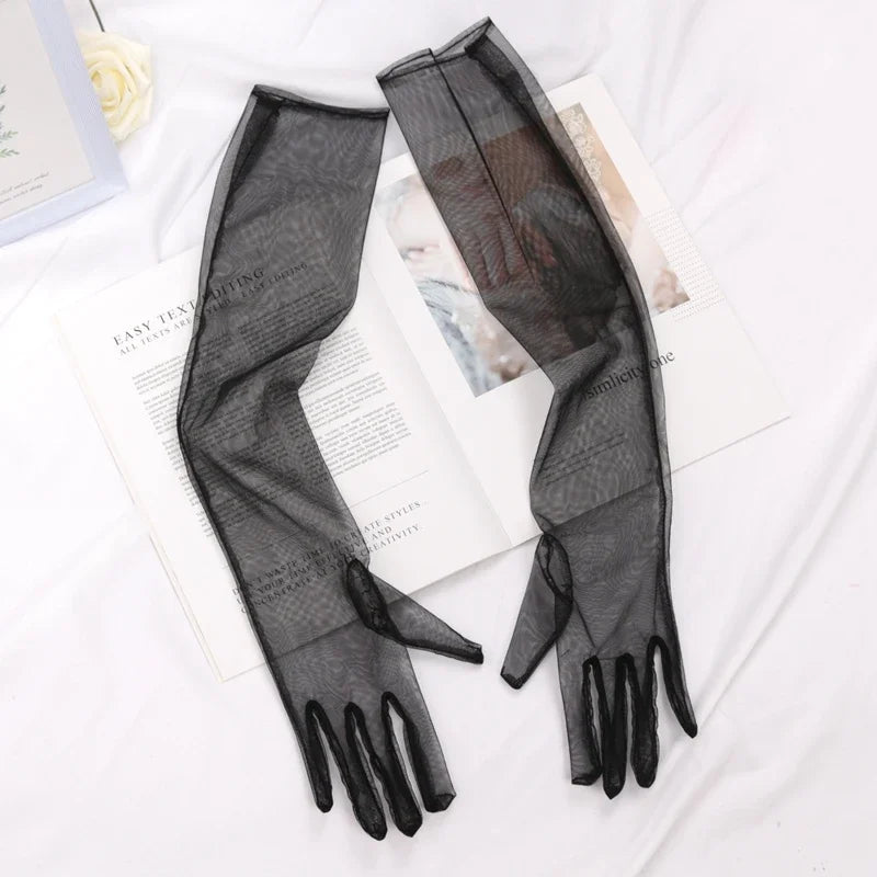 Women's Sexy Transparent Gloves Long Tulle Ultra Thin Full Finger Qme black 55cm