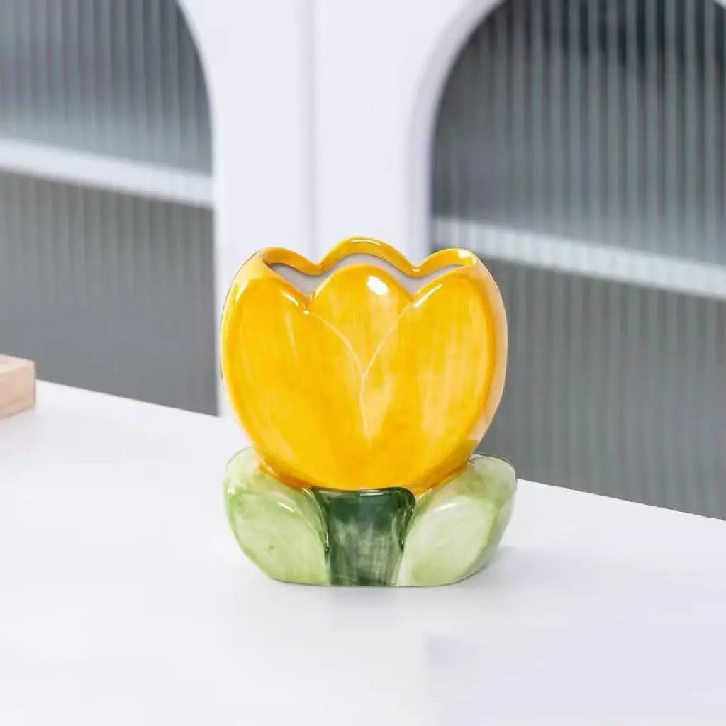 Artistic Tulip Ceramic Flower Pot Contemporary Simple Floral Vase Qme yellow M