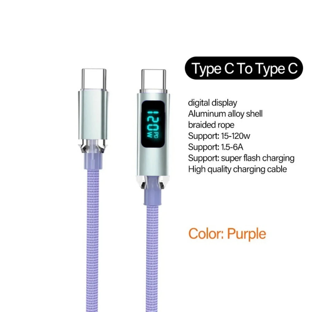 120W Digital Display USB Type C Fast Charging Wire Nylon Braided Dual USB-C Data Cable PD Quick Charge for IPhone 16 Pro Samsung Qme PURPLE 2m
