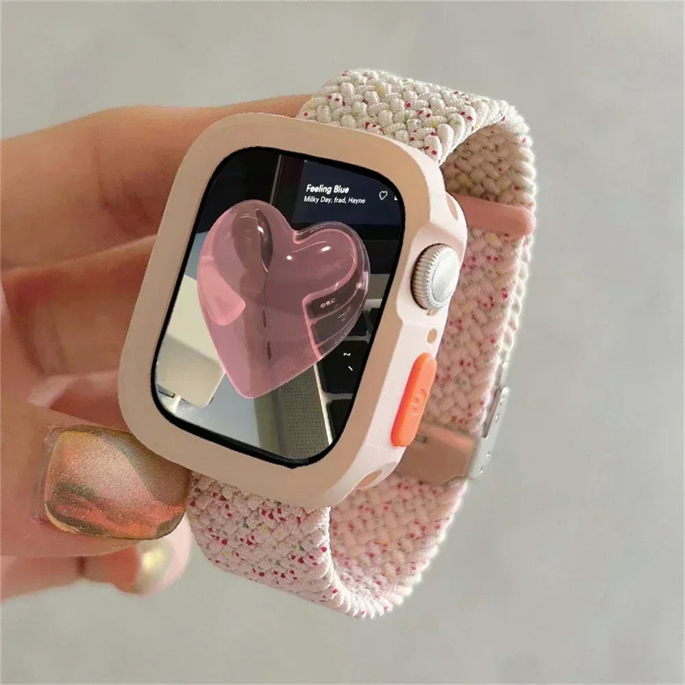 Candy Silicone Case+Strap For Apple Watch Series 9 8 7 45mm 41mm Band SE 6 5 4 44mm 40mm Nylon correa Strap iwatch Ultra 2 49mm Qme