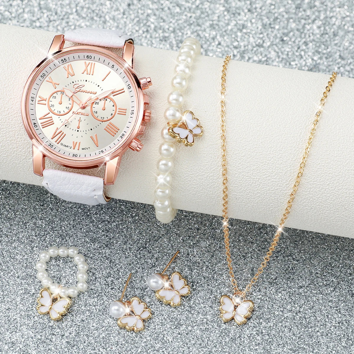 Elegant Roman Dial Ladies Watch with Complete Butterfly Pearl Jewelry Kit Qme