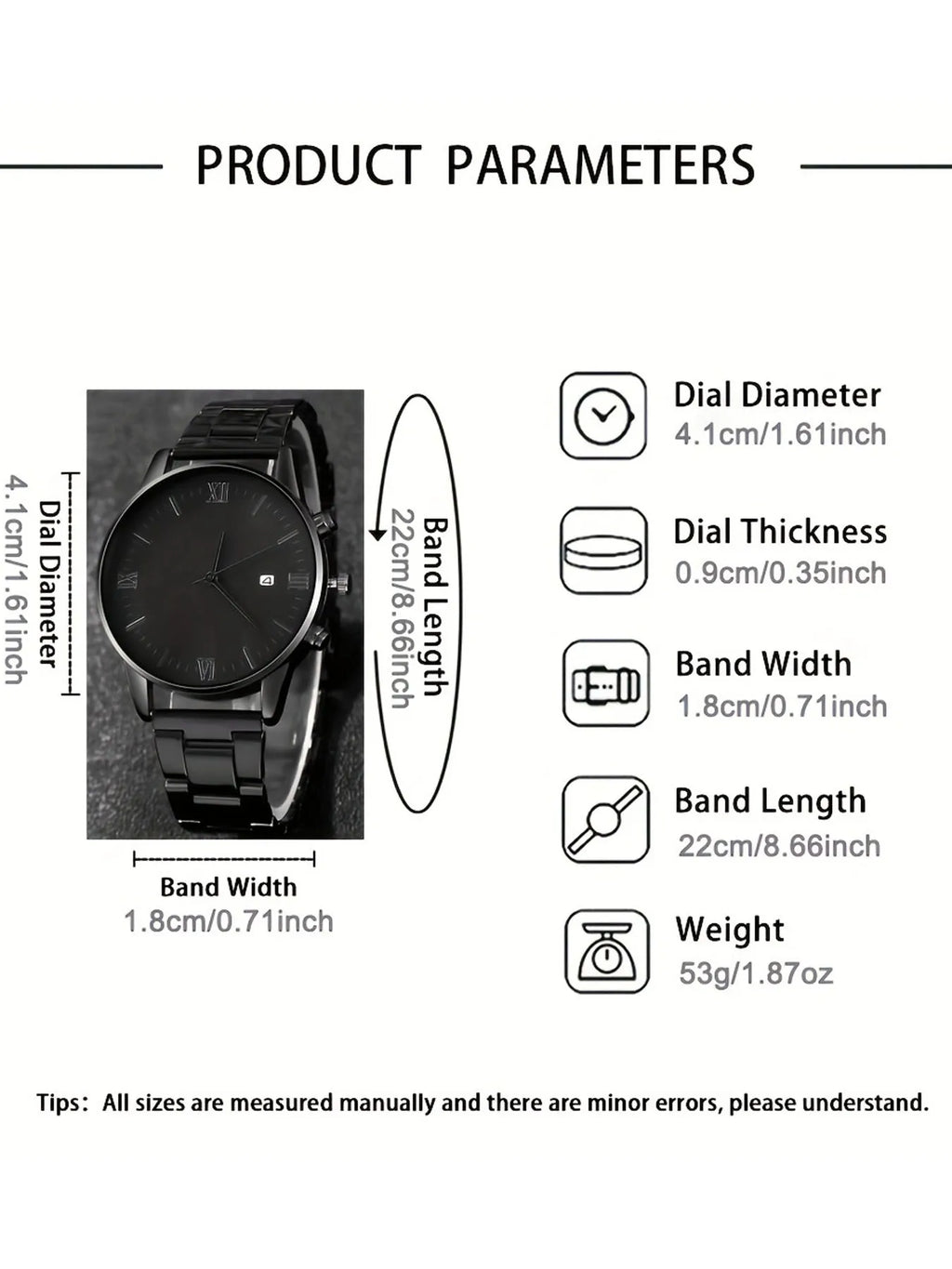 4pcsFashionable men's stainless steel strap Geneva casual business calendar quartz watch ring cross necklace bracelet set Qme