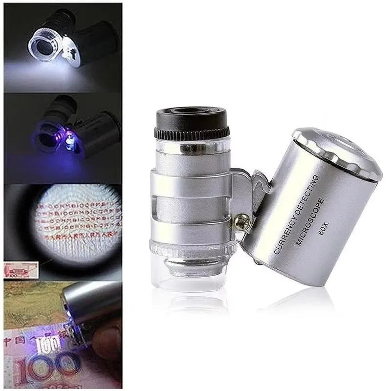 Mini 60X Microscope LED Jewelry Loupe UV Currency Detector Portable Qme