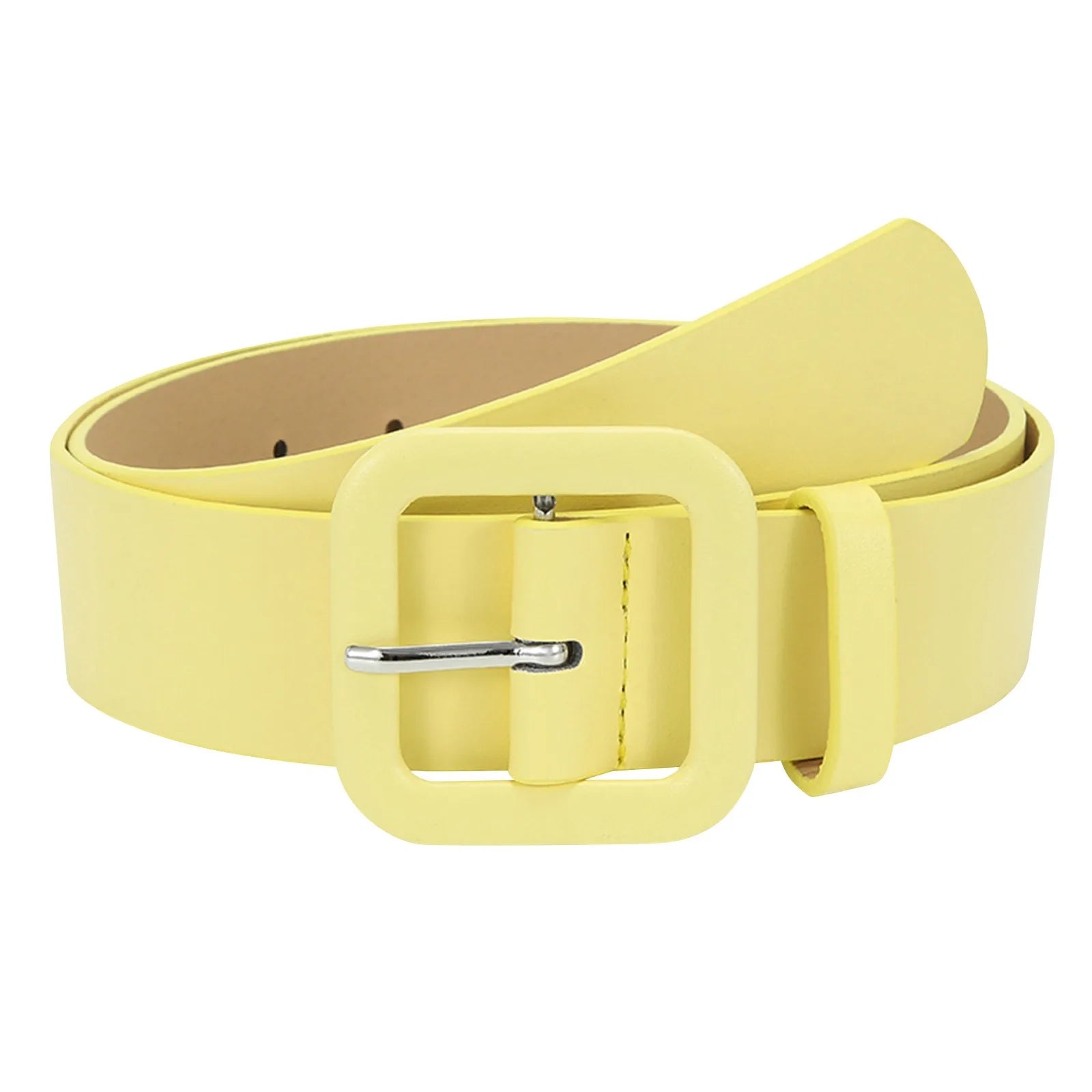 Ladies' Square Buckle Candy Colored Decorative Belt Fashionable Casual Versatile PU Leather Wide Belt Daily Dress Up Accessories Qme Yellow
