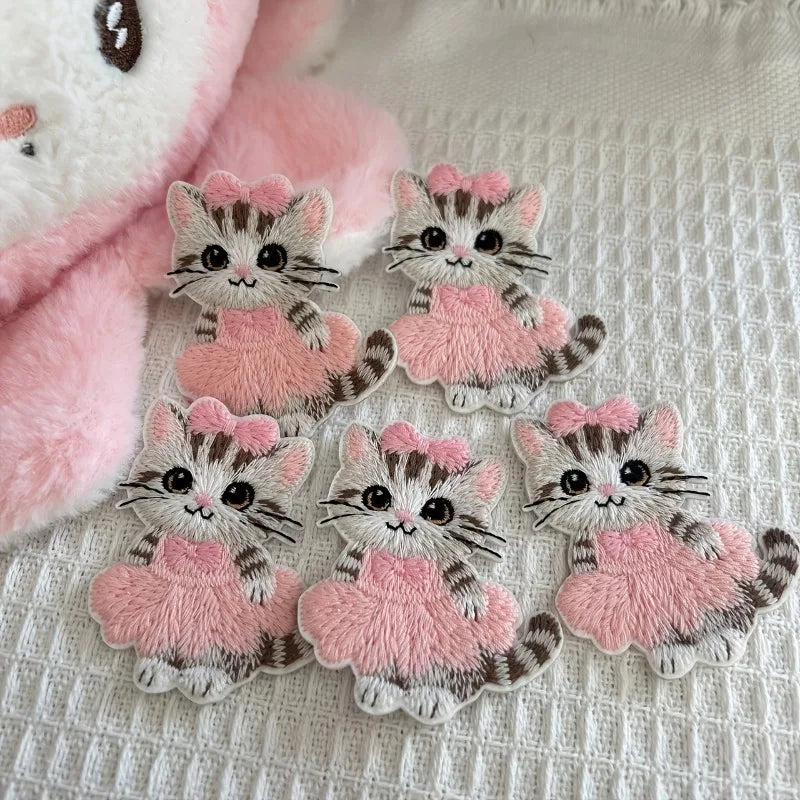Cute Pink Bow Cat Embroidery Patch Self-adhesive Iron On Patches for Clothing Jeans Backpack DIY Sewing Apparel Sticker Qme