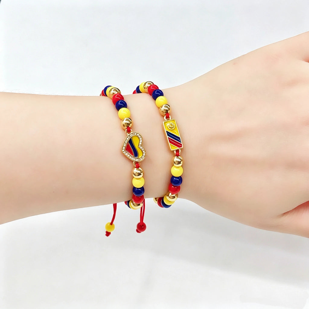 Yellow Blue Red Beads Braided Lucky Red Cord-Venezuela Colombia Flag Bracelet Adjustable Patriotic Enamel Jewelry for Men Women Qme