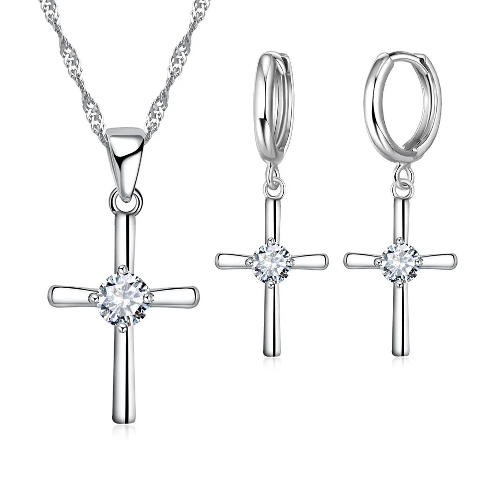 925 Sterling Silver Stamped Necklaces Earrings Cross Shape Classic Fashion Jewelry Set CZ Cubic Zirconia Party Unisex Wholesale Qme Default Title