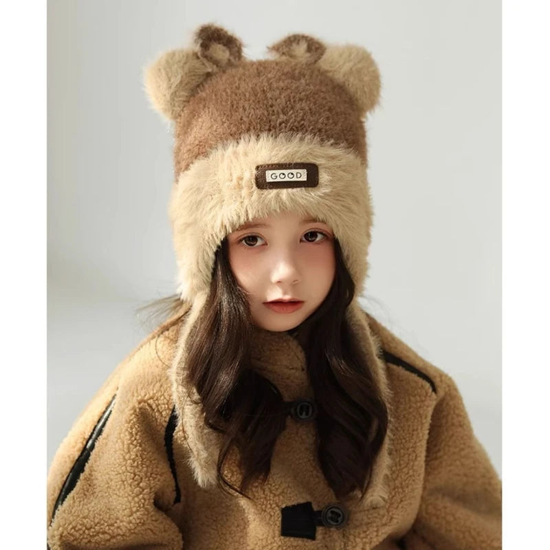 Girls' Winter Autumn Cute Bear Fleece-lined Warm Knitted Ear Qme