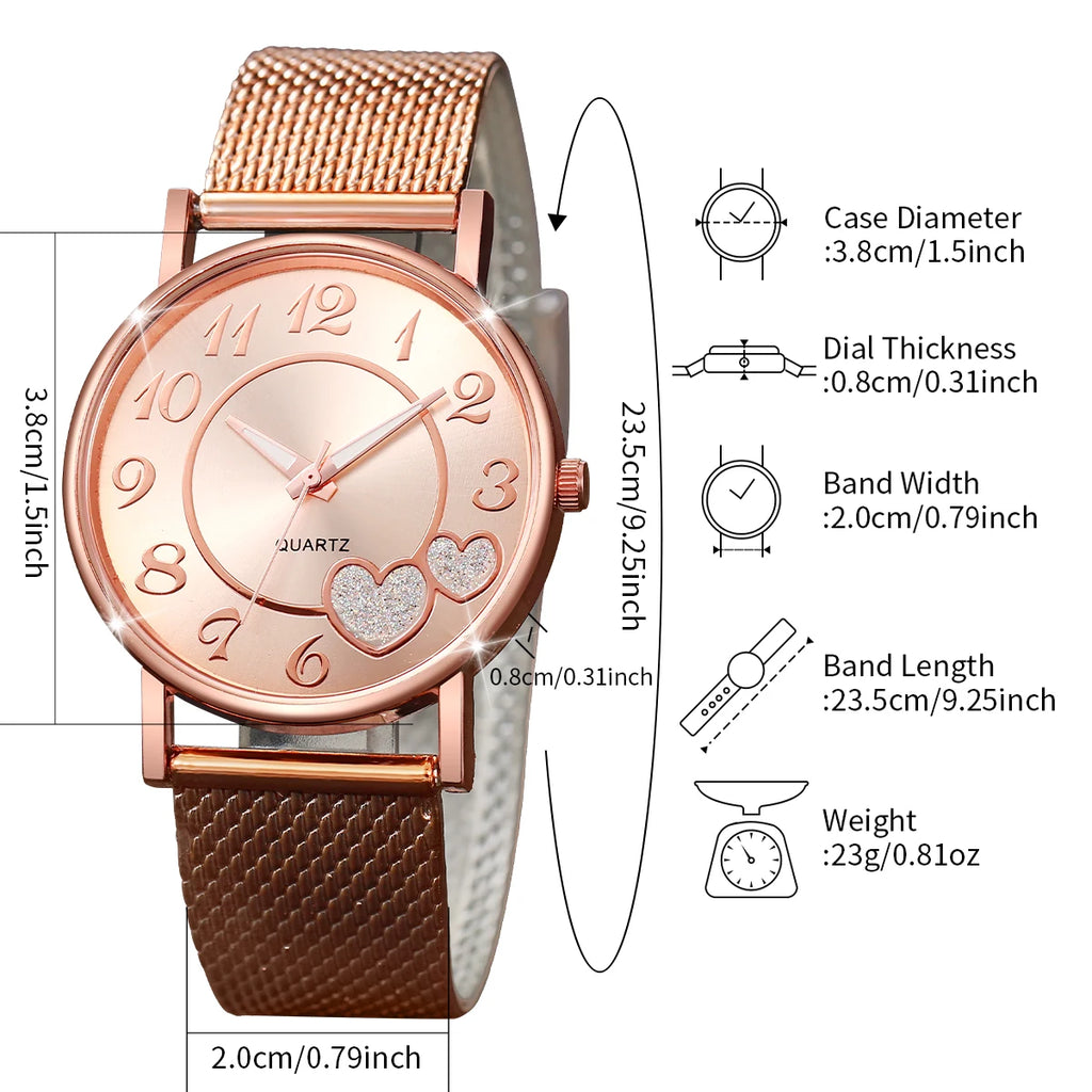 Fake mesh quartz watch for women, casual and fashionable, heart-shaped, male and female students, high-end sense watch Qme