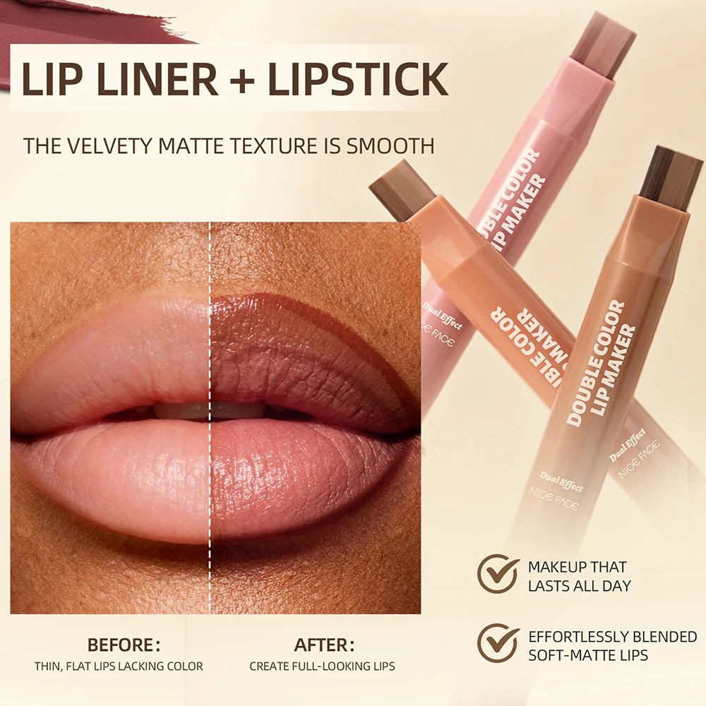 Double Color Lip Liner&Lipstick Pen Makeup Mist Matte Contour Tint Lipstick Pencil 2 In 1 Nude Brown Lipliner Pen Balm Cosmetic Qme