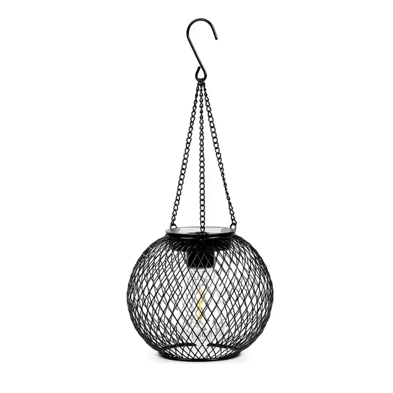 Solar wrought iron lantern lamp retro net chandelier outdoor garden decoration hollow lantern Qme black