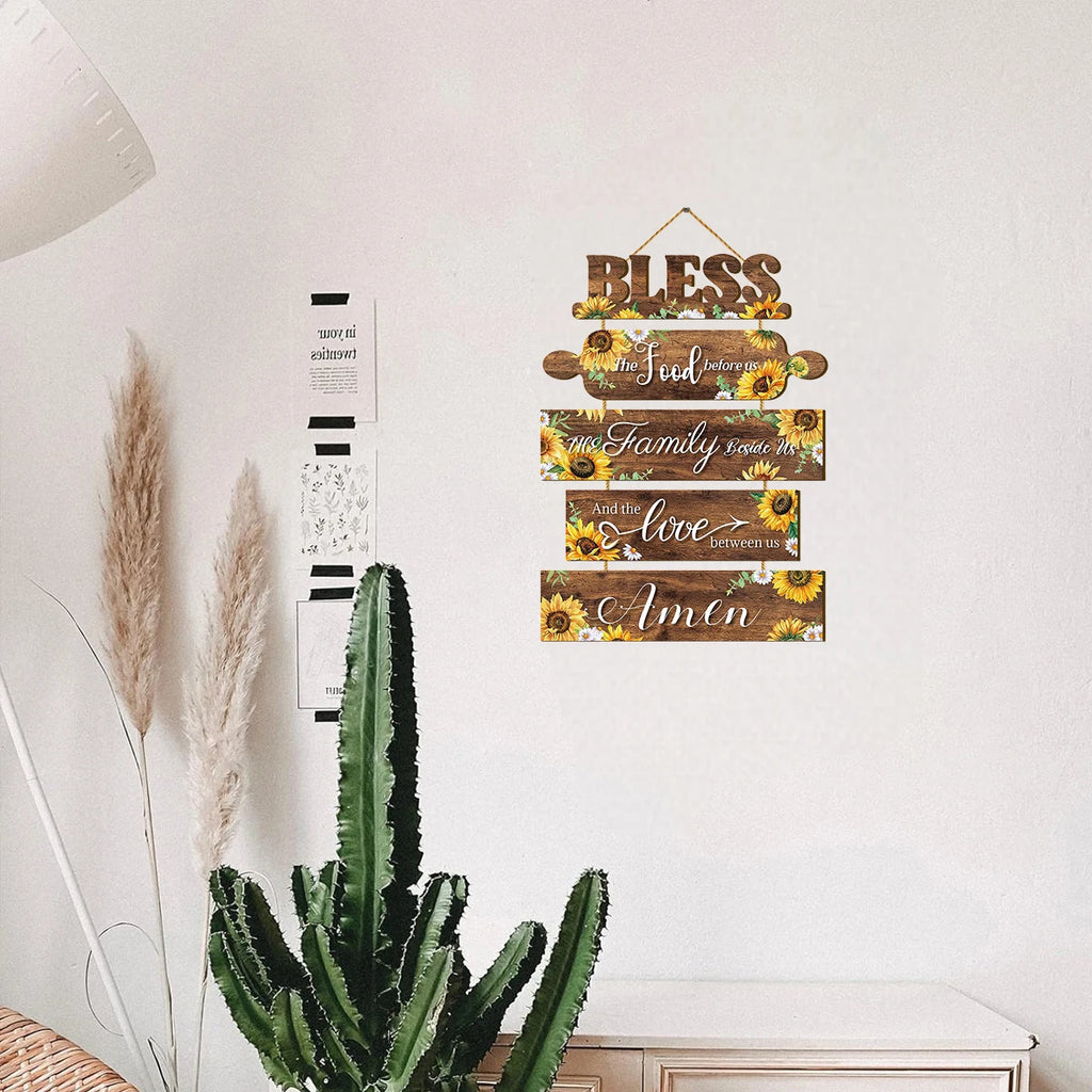 1 set of 2D gratitude wooden wall hanging decoration before meals, sunflower pattern, rustic farmhouse wall decoration Qme