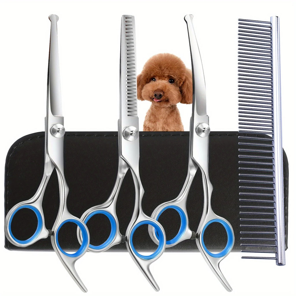 4pcs Professional Dog Grooming Scissors Round Tip Down-Curved Thinning and Cutting Shears for Precise Trimming and Shaping Qme
