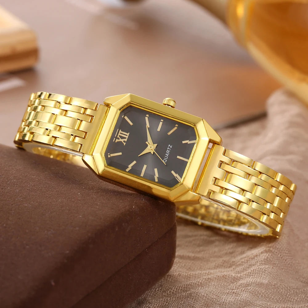 New retro square women's watch ins wind steel strip niche quartz watch medieval simple luxury student watch Qme Golden Black