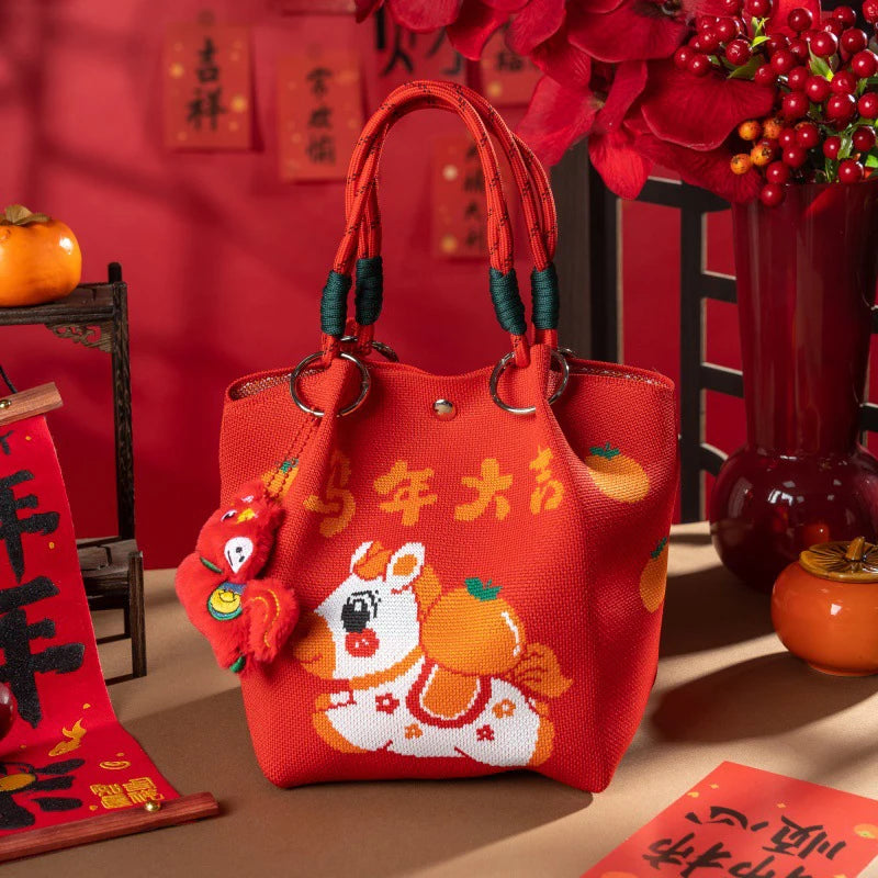 New 2026 Horse Year Cartoon Mascot Pony Knitted Bucket Bag For Women Fashion Large Capacity Portable Handbag New Year Gift Qme