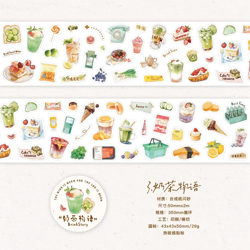 1 Roll Cute Cartoon Food Camping Glitter Die-Cut Tape for DIY Scrapbook Frame Collage Laptop Phone Mug Luggage Guitar Decoration Qme 3