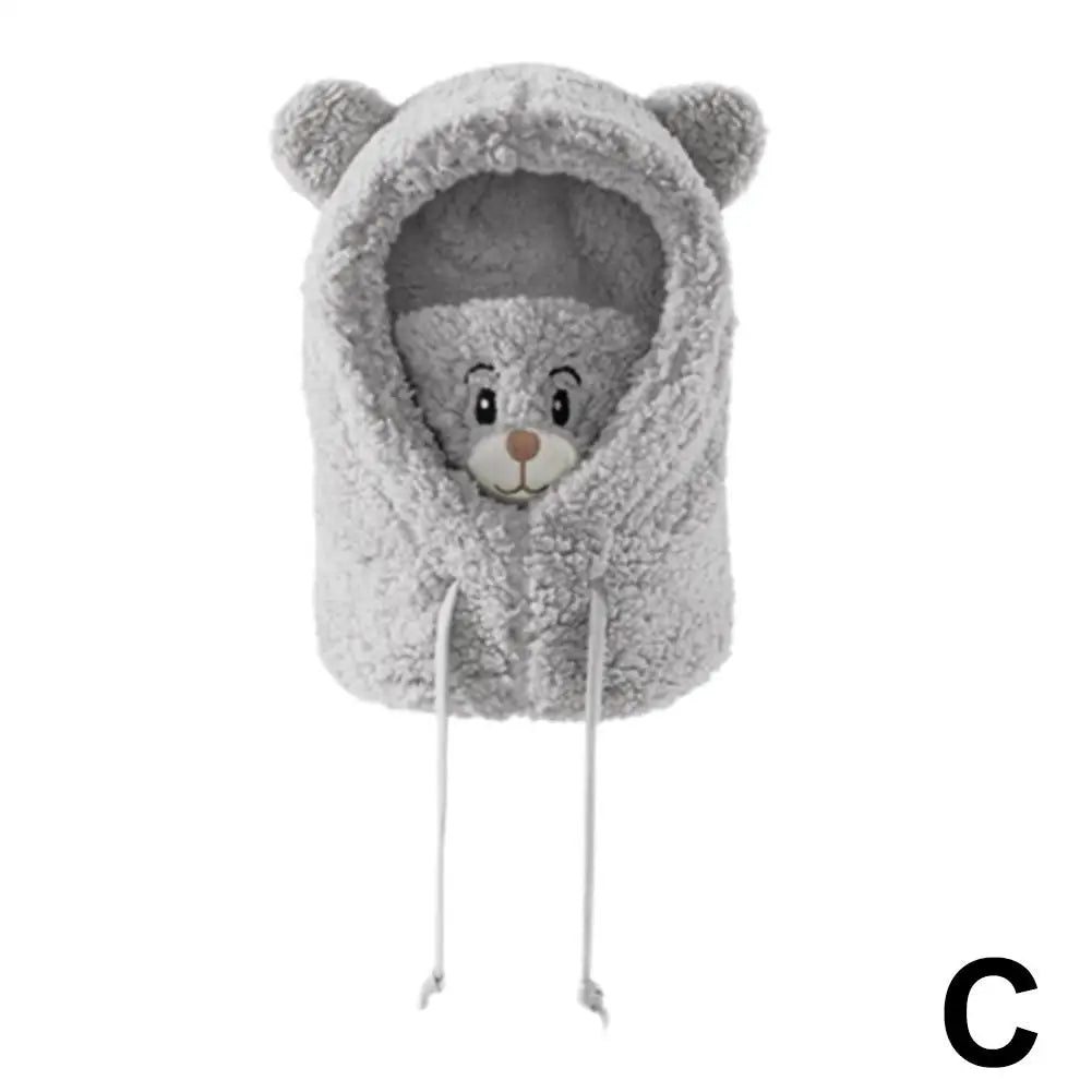 Winter Bear Plush Hat Scarf Mask One-Piece Warm Women's Cozy All-Match Cold Resistance Student Overhead Cap Fashion Accessory Qme C