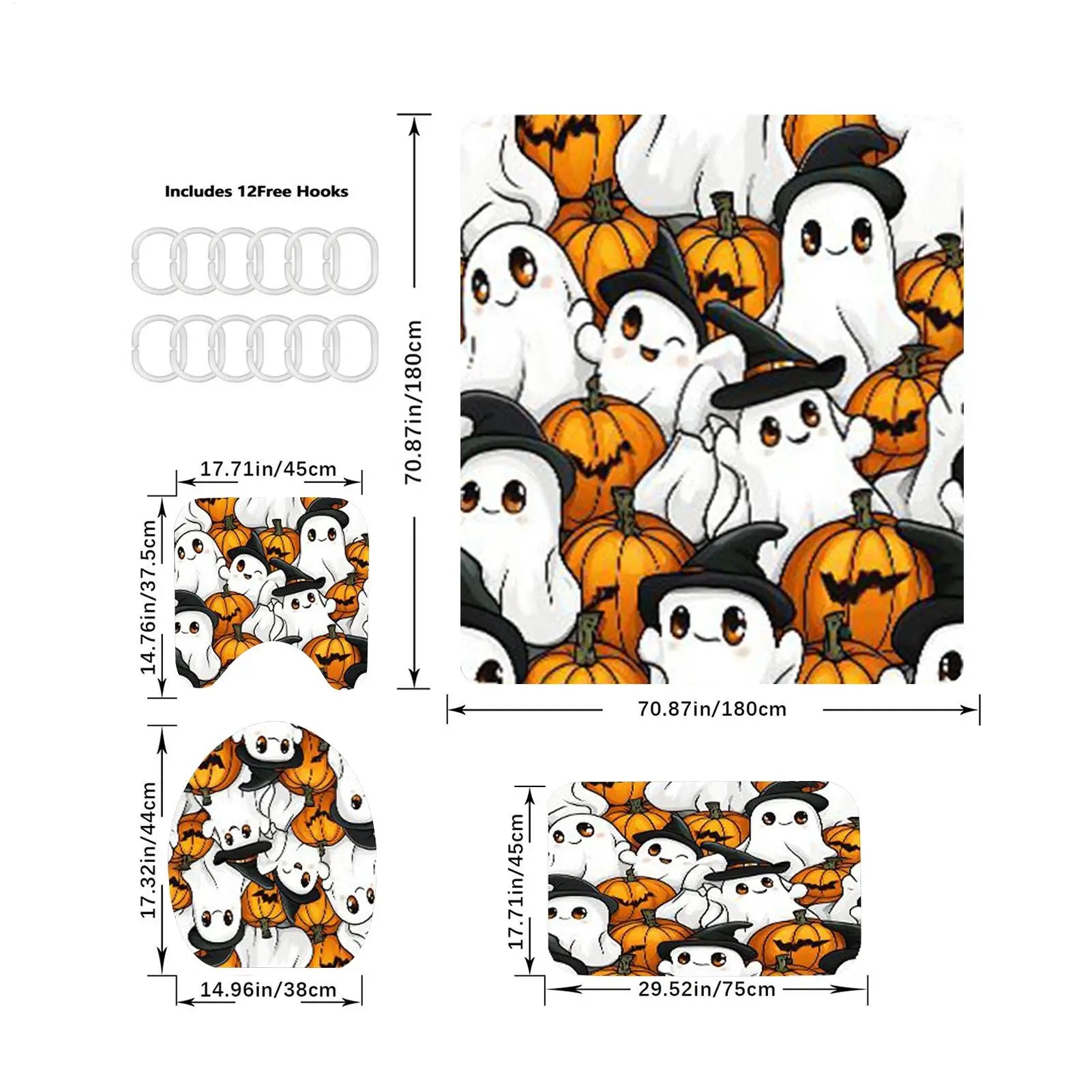 Halloween Bathroom Shower Curtains Non Slip Skull Rugs Toilet Lid Qme