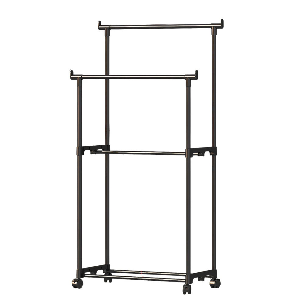 Double Rods Garment Rack Portable Clothes Organizer Clothes Rack with Wheels Clothes Hanging Rack for Shirt Coat Qme Black