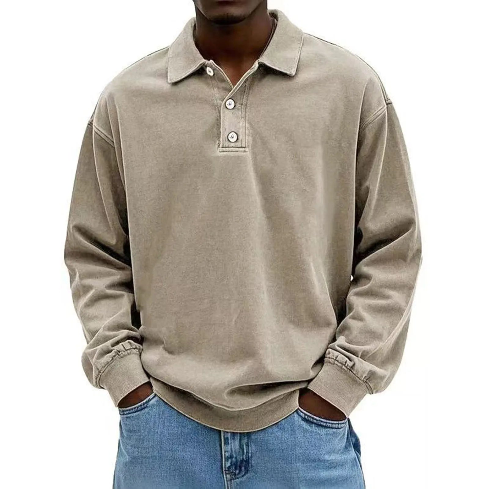 Men's Baggy Korean Style Leisure Daily Versatile Long Sleeves Flip Collar Pullover Shirt Fashion Solid Color Button Hoodies Qme Khaki XXL
