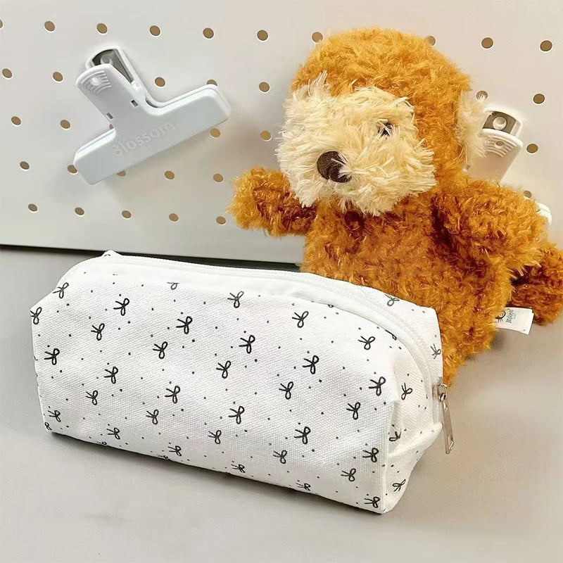Simple Bow Pencil Case Student Fashion Sweet Pouch Portable Large Qme