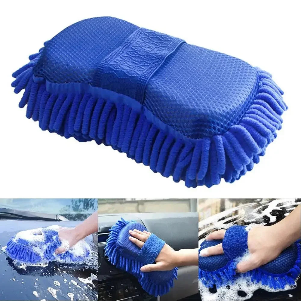 1pc Blue Microfiber Chenille Car Wash Sponge | Care Washing Brush Pad, Auto Washing Towel Gloves Styling Accessories Qme