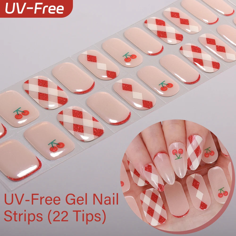 22Tips French Red Heart Kiss UV-Free Gel Nail Stickers Glitter Flower Qme BSA-0374