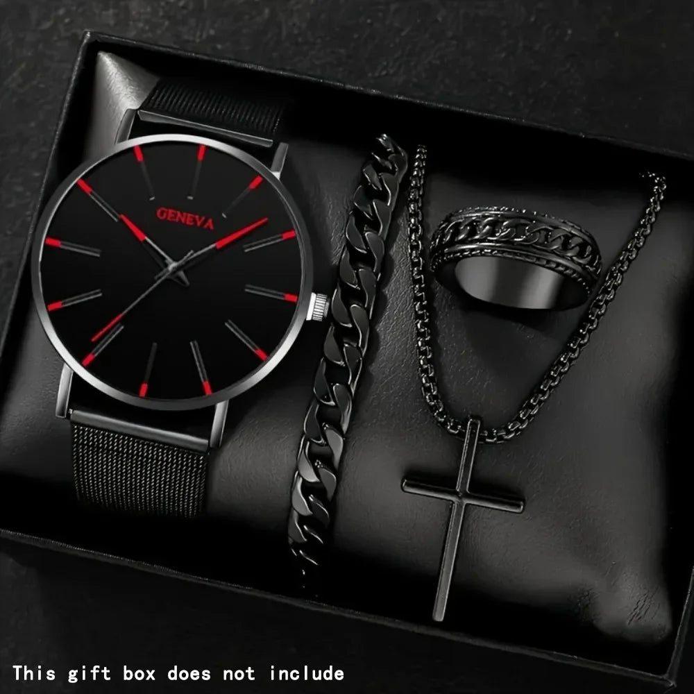 5pcs/set Fashion Men's Quartz Watch Set Classic Pointer Design Alloy Mesh Strap Watch Necklace Bracelet Ring Ideal Gift for Men Qme