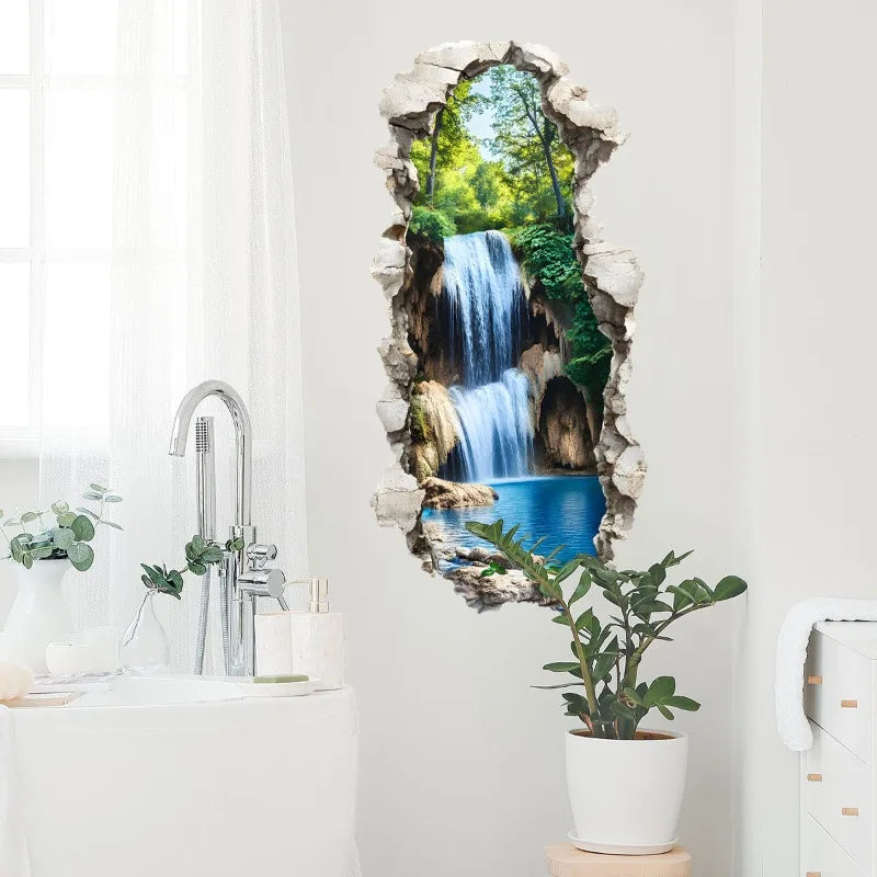 3D Waterfall Forest Wall Sticker Removable Peel Stick Waterproof Qme