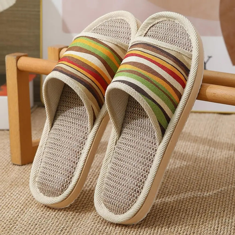 Four Season Couple's Multicolor Linen Slippers Women Indoor Striped Non-Slip Sandals Men Comfort Indoor Floor Breathable Slides Qme