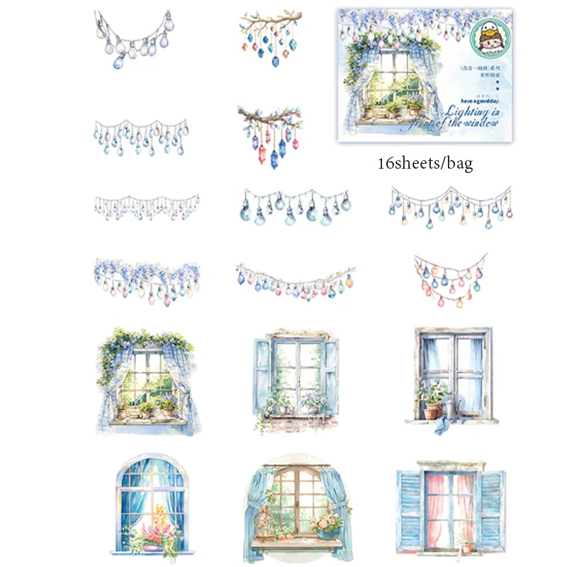 16 Sheets/Bag Window Frame Light Fringe PET Stickers Pack for Scrapbook Journal DIY Planner Phone Case Notebook Decoration Gift Qme 3