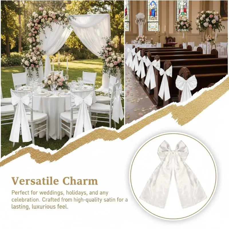 Easy-Tie Satin Chair Decorations with Long Tails for Church Aisles & Reception Venues, Elegant Wedding Backdrop Supplies Qme