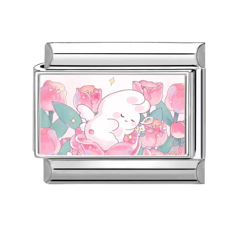 Y2K Pink Design Lovely Rabbits Tulip Flowers Strawberry Italian Charm Links 9mm Bracelets Bangle Stainless Steel DIY Making Gift Qme Style 30