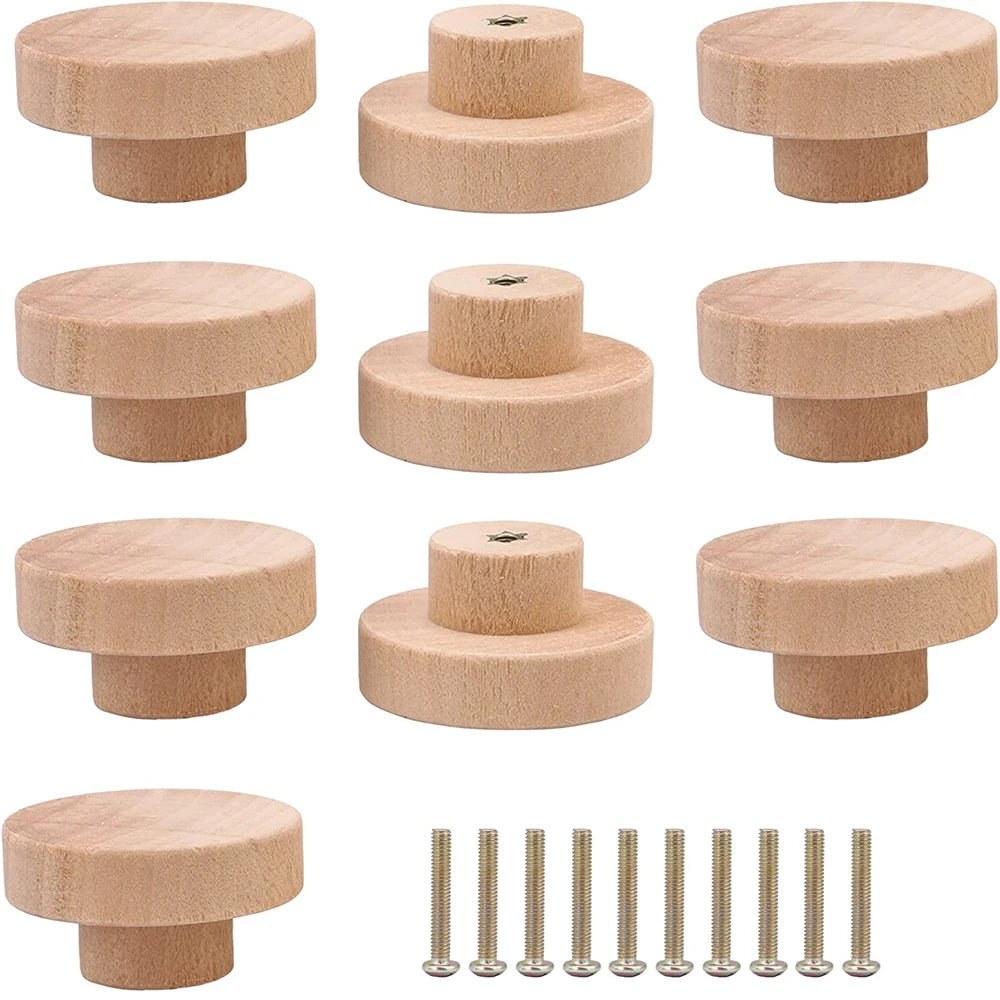 Round Wooden Cabinet Knobs Unfinished Wood cupboard Furniture Drawer Pulls Handles with Screws for Wardrobe Dresser Closet Qme