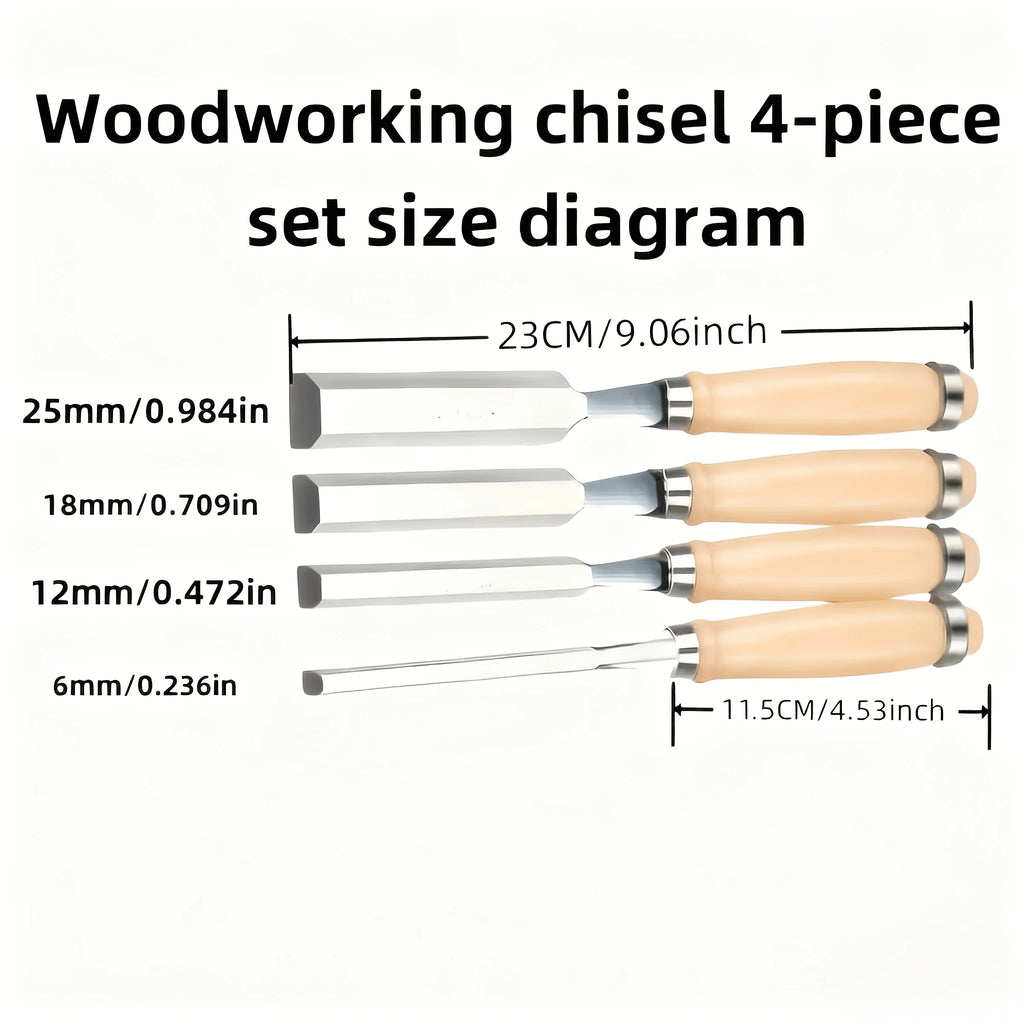 4pcs Professional Woodworking Chisel Set -6/12/18/24mm Diagonal Blade Chisel, Chrome Vanadium Steel Blade, Solid Wood Handle Qme