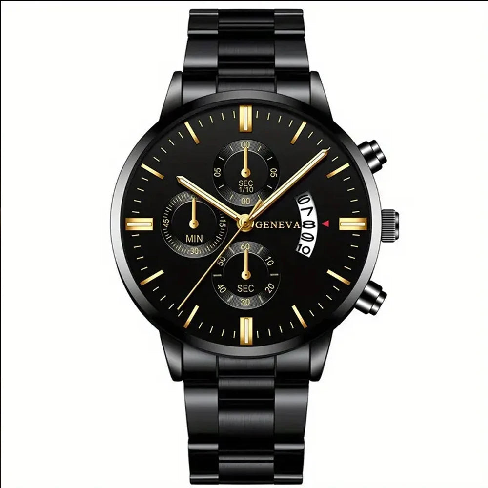 1pcs Calendar Steel Strip Men's Watch Large Dial Quartz Watch Men's Watch Foreign Trade Men's Watch Qme Black gold